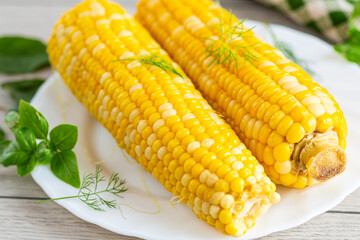 Two boiled corn cobs with dill on a white plate