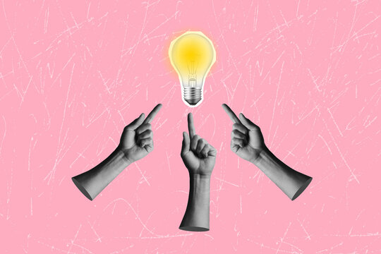 Art collage on the theme of inspiration and creative idea. Successful innovation ideas and inspiration ideas. Burning light bulb on a pink background	
