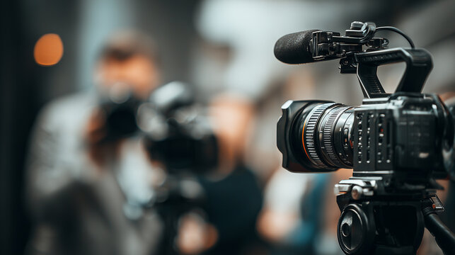 Professional video camera setup recording in a studio environment with blurred background.