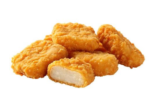 Delicious golden chicken nuggets piled high, one piece cut revealing juicy white interior, perfect for fast food advertising and culinary themes.