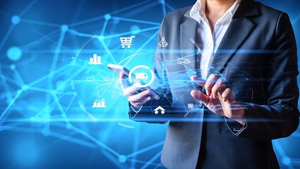 Businesswoman interacting with a futuristic holographic interface displaying glowing digital network connections and data icons representing technology and innovation