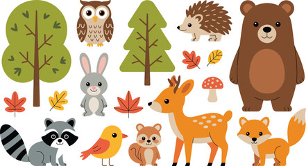 Naklejka premium Set of cute woodland animals and forest elements cartoon vector illustrations