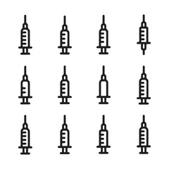 Twelve black outline syringes arranged in a grid medical