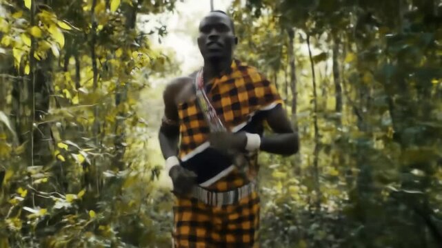 A strong African man in colorful traditional clothes jogs on a path through a sunny jungle