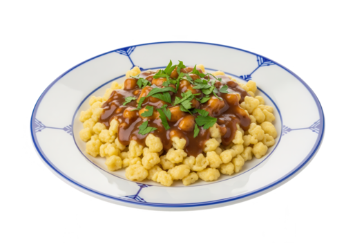 Spaetzle with Lentil Stew: Traditional German Dish on White