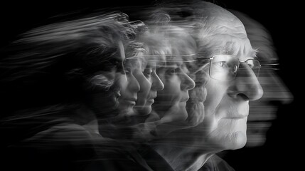 portrait with flowing time lines across the face, showing moments from different ages superimposed like a visual echo 