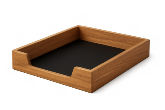 Wooden desk organizer featuring sleek black interior, highlighting minimalist storage solution for professional workspace essentials