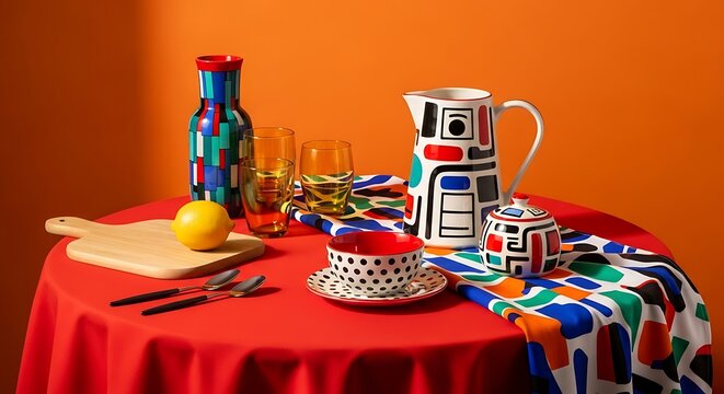 A vibrant still life arrangement showcasing a collection of patterned ceramic tableware and glassware set against a bold orange background on a red tablecloth, creating a lively picture