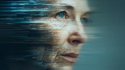 conceptual portrait showing future wrinkles appearing on a youthful face, surreal timeline glitch on human features 