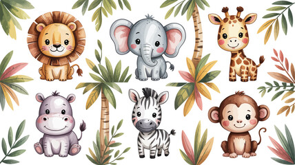 Cute cartoon jungle animals set with tropical plants vector illustration