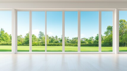 Obraz premium Bright Modern Interior with Large Windows and Green View