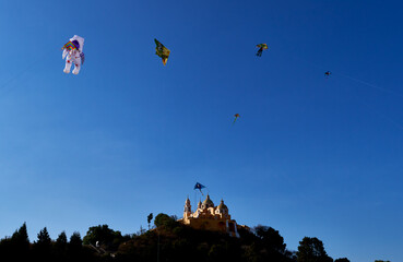 Cholula,Mexico,February-16-2025: Kite festival on a sunny day in Cholula