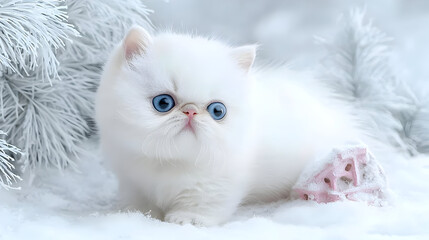 Fluffy white kitten with big blue eyes, nestled in snow.  Christmas themed background