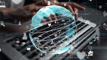 A visually striking image captures a person typing on a laptop with an overlay of global icons representing connectivity, communication, and digital technology. Xenic