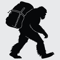 Fototapeta premium Bigfoot Silhouette with Backpack – Hiking Sasquatch Adventure Vector Illustration