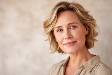 Obraz premium Elegant middle-aged woman smiling warmly while standing indoors against a neutral background