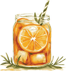 Iced Herbal Orange Drink in Clear Jar with Rosemary, Citrus Slice, and Striped Straw – Vibrant Summer Beverage Photography for Refreshment and Wellness Brands