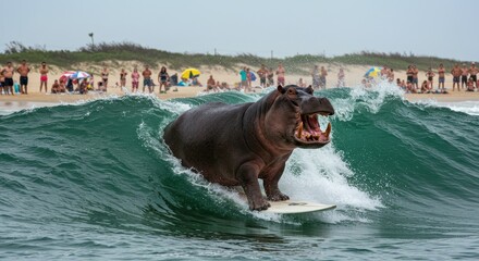 Humorous juxtaposition of a hippopotamus surfing on a wave, a whimsical coastal scene
