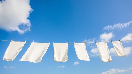 White laundry hanging on a clothesline against a bright blue sky with fluffy clouds, showcasing a serene outdoor scene and the freshness of clean linens in natural light