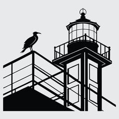  Silhouette of Bird on Railing Beside Lighthouse Tower – Nautical Coastline Vector Illustration