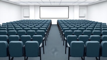 Fototapeta premium Spacious conference room featuring rows of teal chairs arranged for an audience, with a large blank screen at the front, ideal for presentations and gatherings