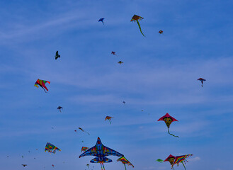 Cholula,Mexico,February-16-2025: Hundreds of kites soaring high over Cholula