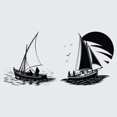 Small fishing boat returning at dusk image silhouette design vector art and illustration