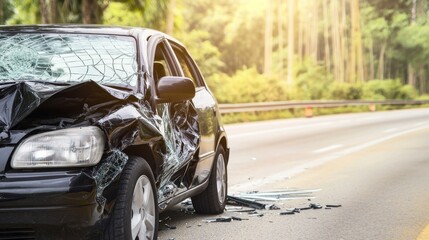 Severely damaged black car after a roadside accident, shattered windshield, and crumpled hood.
