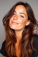 Naklejka premium Woman with natural makeup smiling in a minimalistic studio setting