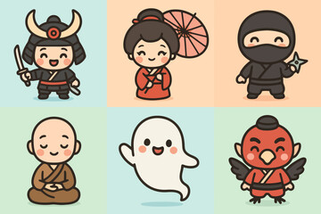 Kawaii Japanese traditional icons featuring samurai, ninja, and geisha with pastel backgrounds. Perfect for anime-style stickers and cultural stock designs.