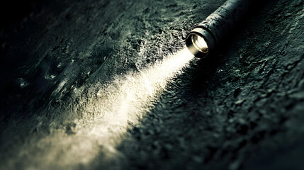 Dark surface illuminated by a beam of light from a handheld device.  The light source is casting a glowing beam, highlighting textured, gritty surface