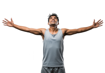 Triumphant Man with Arms Raised on White