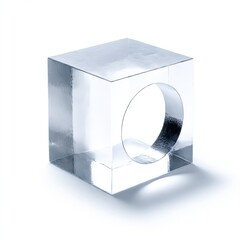 Fototapeta premium Clear cube with circular hole isolated on white background