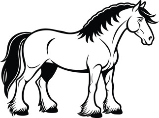 Clydesdale horse silhouette, draft horse line art, strong equine vector, farm animal drawing, minimal livestock icon