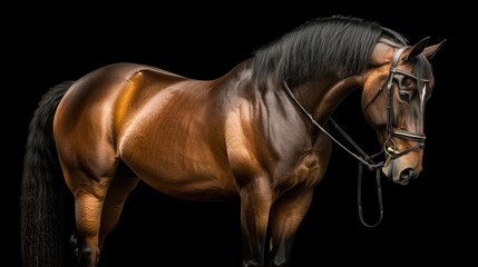 Fototapeta premium A majestic brown horse stands in profile against a dark background, wearing a bridle.