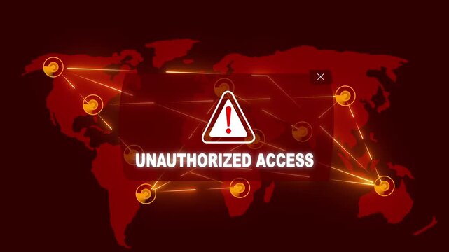 Unauthorized Access Alert Warning Message Attack on World map. Wire frame Radar Network Seamless loop Motion Background. UI Elements HUD Sci Fi interface.