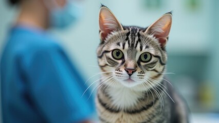 cat with alert expression sits in veterinary clinic. Blurred medical professional in blue uniform in background