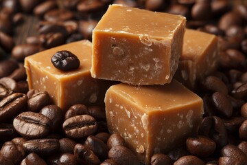 Chewy Fudge Toffee Candy Infused with Rich Caramel and Coffee Beans on a Brown Background