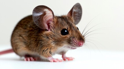 Close-up portrait of a small, brown mouse against a plain white background.