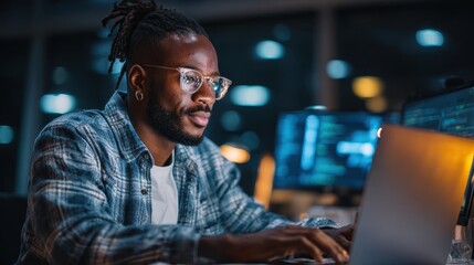 Obraz premium Contemporary Workspace: Engaged Black IT Specialist Focused on Laptop, Crafting Innovative Software Solutions in a Relaxed, Inclusive Office Environment