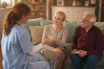 A friendly home caregiver in scrubs hands a blister pack of medication to an older woman while her...