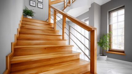 Obraz premium Modern Light Brown Wooden Staircase with Gray Metal Railing