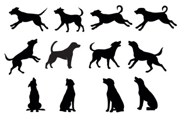 Twelve diverse canine silhouettes in various playful poses, showcasing different breeds and actions.