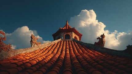 Low-angle view of ornate rooftop, terracotta tiles, traditional Asian architecture, sunlit clouds