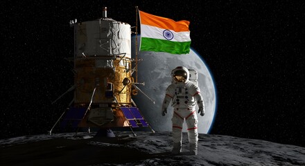 India's Lunar Triumph: Astronaut on the Moon with Chandrayaan-3 Lander and National Flag