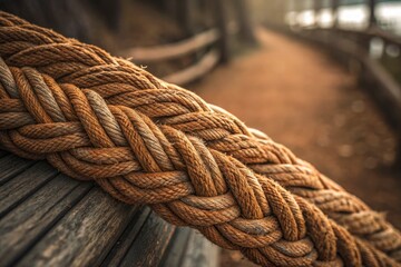 Fototapeta premium Rope Detail Along a Wooden Pathway in a Serene Outdoor Setting