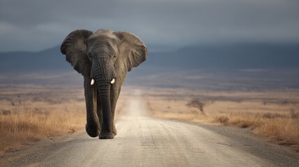 Obraz premium Majestic Elephant Strolling Along an African Road in a Scenic Landscape