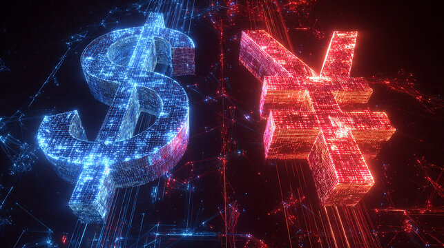 Glowing digital representations of the dollar and yuan currency symbols float in a dark, futuristic space