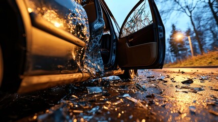 Shattered car window at night, glass scattered on the ground, door ajar, suggesting a break-in or accident.