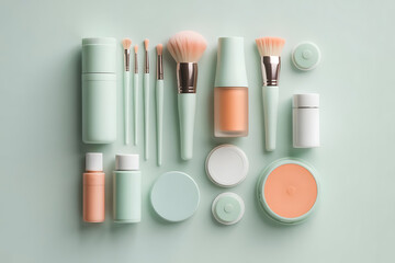 Soft pastel makeup brushes and products arranged on a light blue background